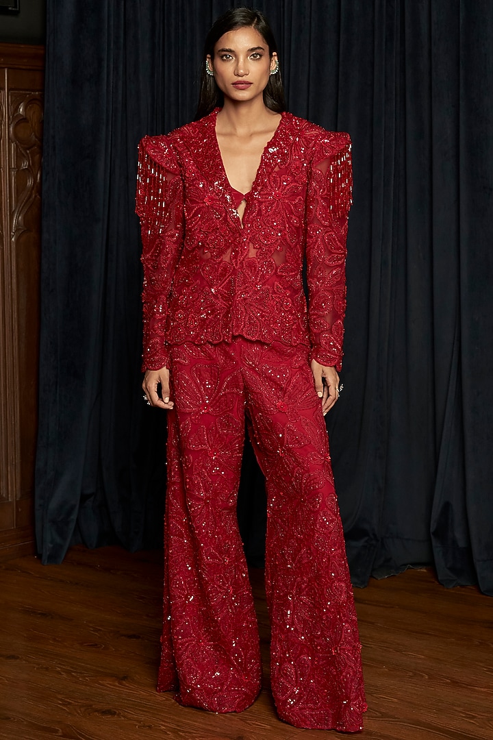 Red Net Embroidered Jacket Set by ISTYA at Pernia's Pop Up Shop