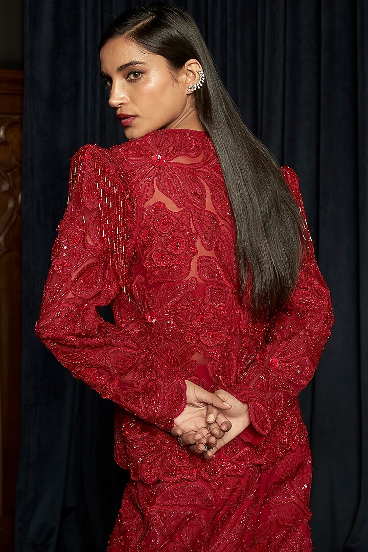 Red Net Embroidered Jacket Set by ISTYA at Pernia's Pop Up Shop
