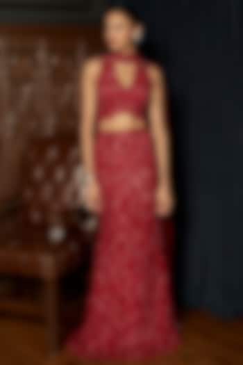 Red Net Sequins Embroidered Fish-Cut Wedding Lehenga Set by ISTYA at Pernia's Pop Up Shop