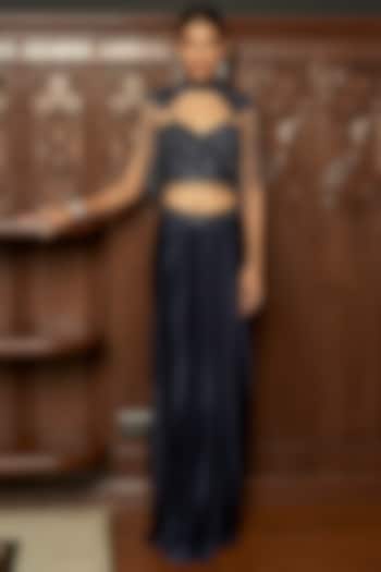 Navy Blue Satin Skirt Set by ISTYA at Pernia's Pop Up Shop