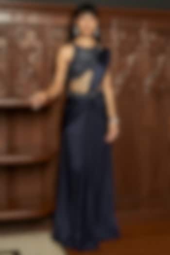 Navy Blue Satin Draped Wedding Saree Set by ISTYA at Pernia's Pop Up Shop