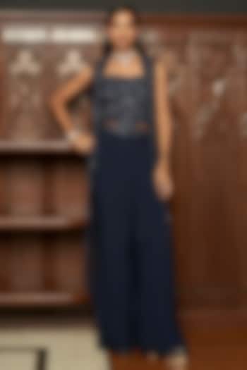 Navy Blue Net Jacket Set by ISTYA at Pernia's Pop Up Shop