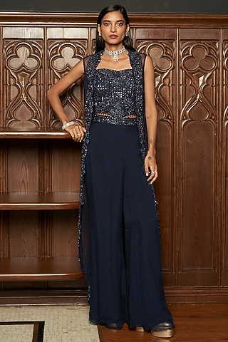 Navy Blue Net Jacket Set by ISTYA