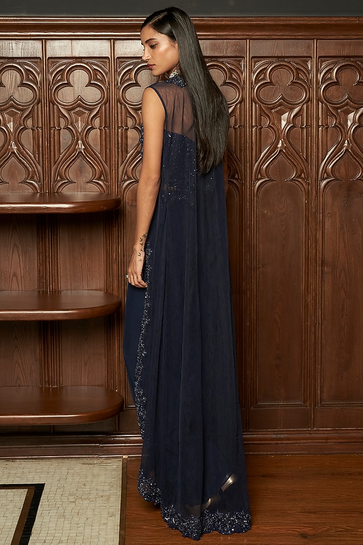 Navy Blue Net Jacket Set by ISTYA at Pernia's Pop Up Shop
