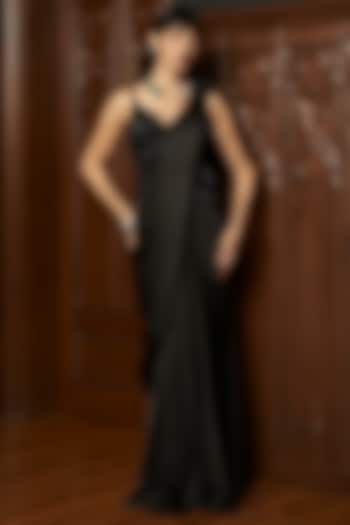 Black Satin Pre-Draped Wedding Saree Set by ISTYA at Pernia's Pop Up Shop