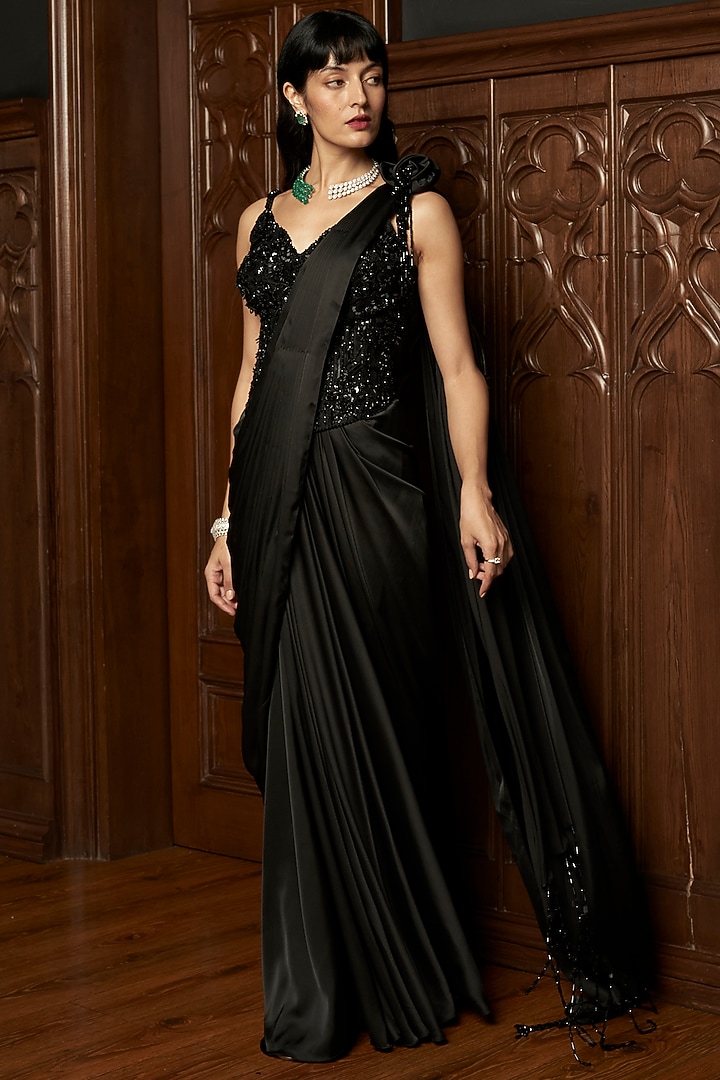 Black Satin Pre-Draped Wedding Saree Set by ISTYA at Pernia's Pop Up Shop