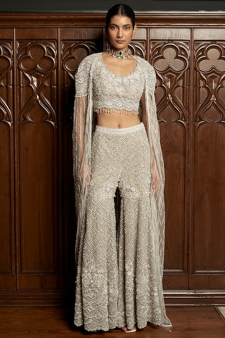 Grey Net Sequins Embroidered Cape Set by ISTYA at Pernia's Pop Up Shop