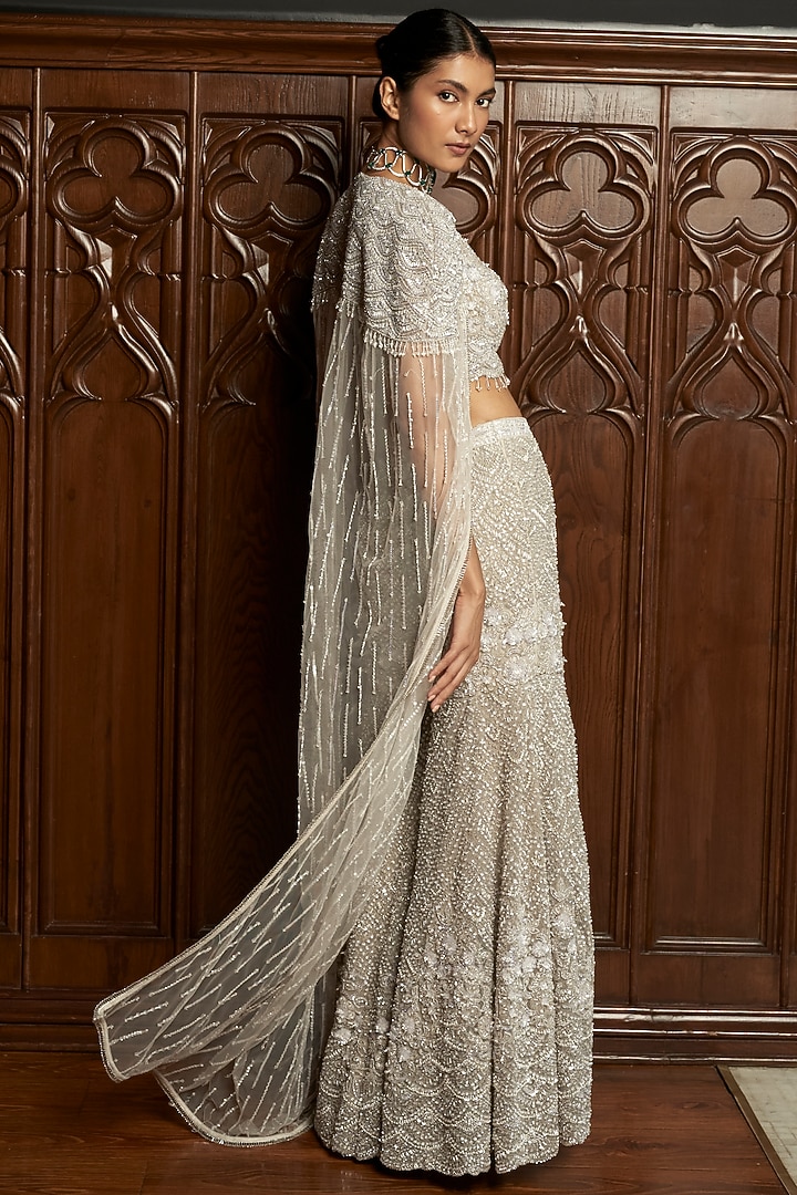 Grey Net Sequins Embroidered Cape Set by ISTYA at Pernia's Pop Up Shop