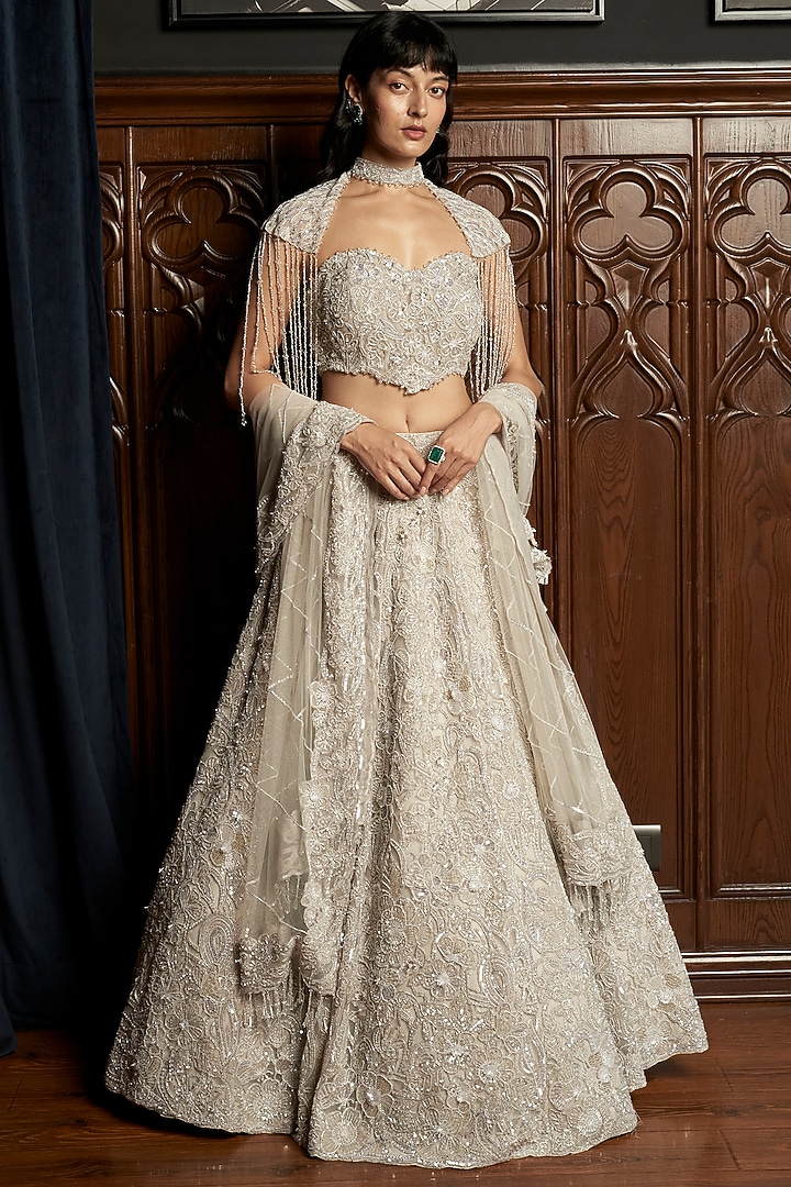 Grey Net Sequins Embroidered Bridal Lehenga Set by ISTYA at Pernia's Pop Up Shop