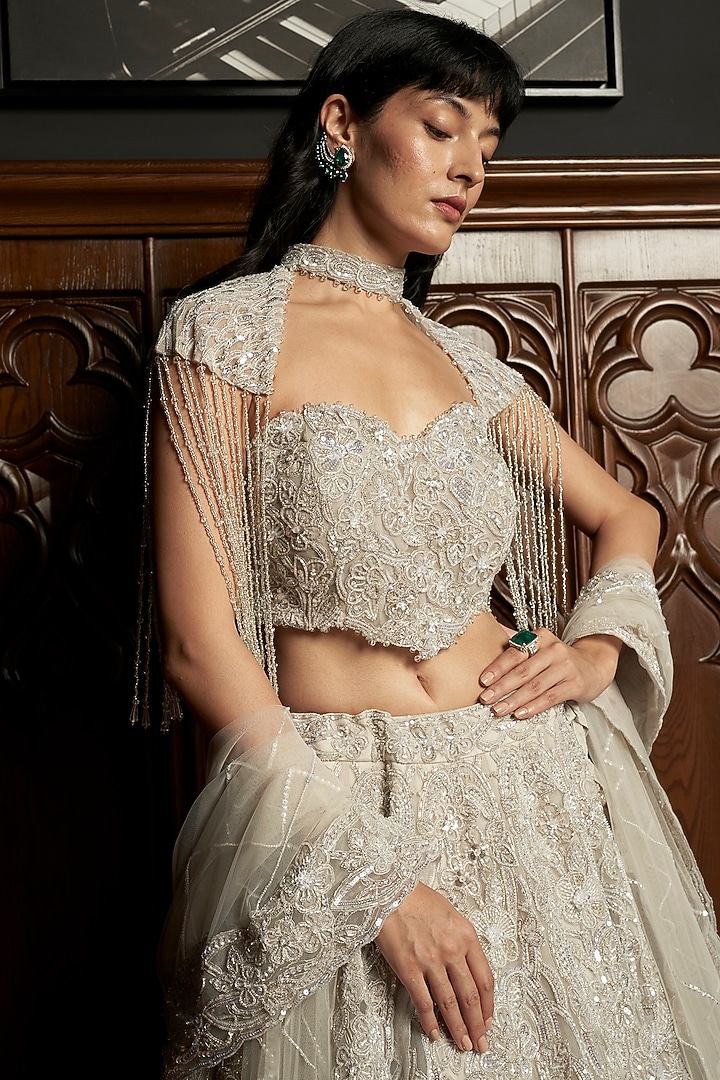 Grey Net Sequins Embroidered Bridal Lehenga Set by ISTYA at Pernia's Pop Up Shop