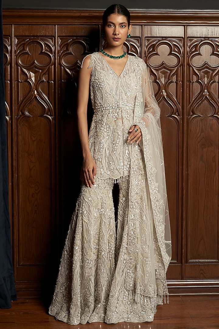 Grey Net Sequins Embroidered Bridal Sharara Set by ISTYA at Pernia's Pop Up Shop