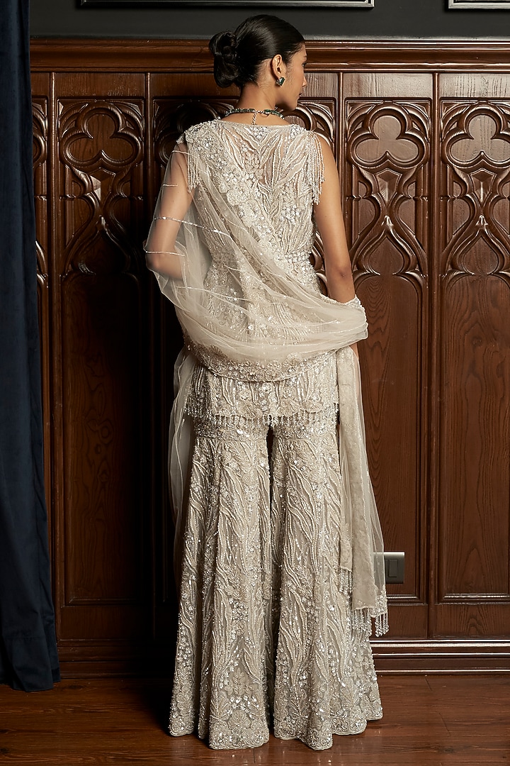 Grey Net Sequins Embroidered Bridal Sharara Set by ISTYA at Pernia's Pop Up Shop