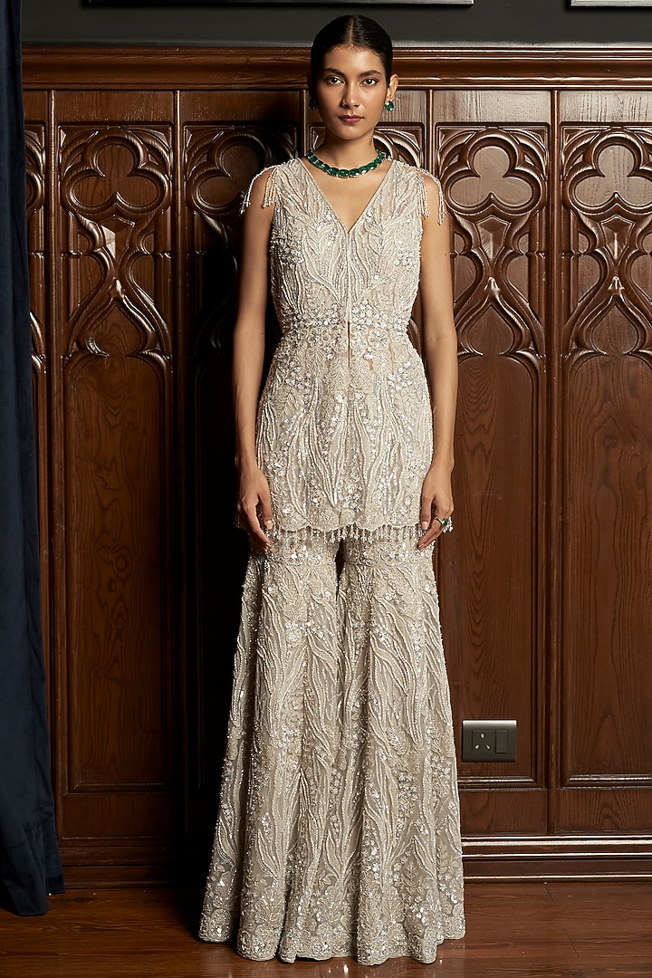 Grey Net Sequins Embroidered Bridal Sharara Set by ISTYA at Pernia's Pop Up Shop