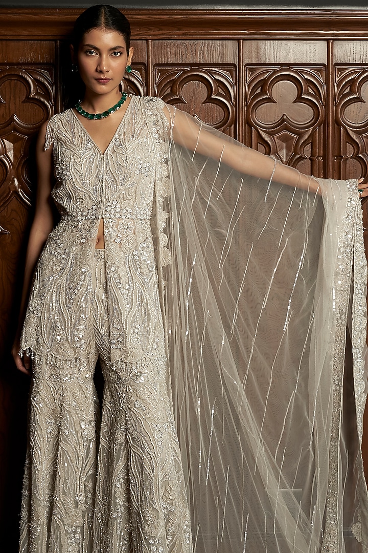 Grey Net Sequins Embroidered Bridal Sharara Set by ISTYA at Pernia's Pop Up Shop