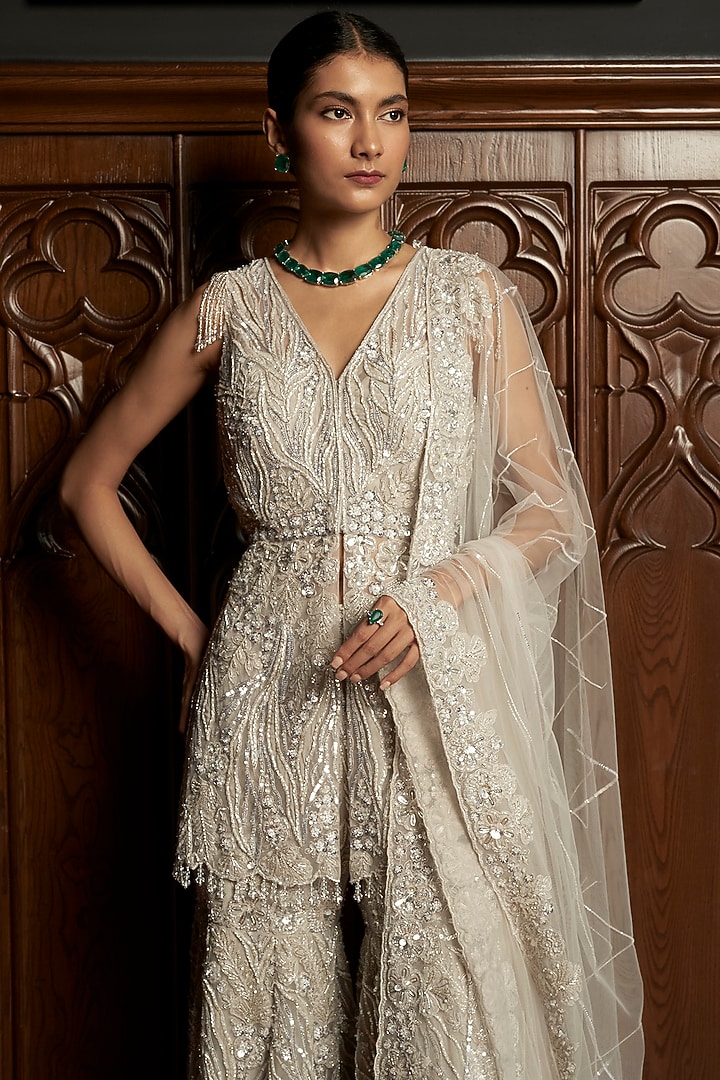 Grey Net Sequins Embroidered Bridal Sharara Set by ISTYA at Pernia's Pop Up Shop
