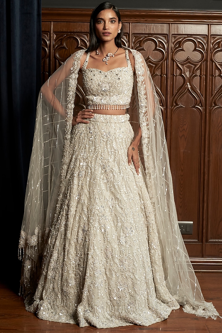 Grey Net Sequins Embroidered Bridal Lehenga Set by ISTYA at Pernia's Pop Up Shop