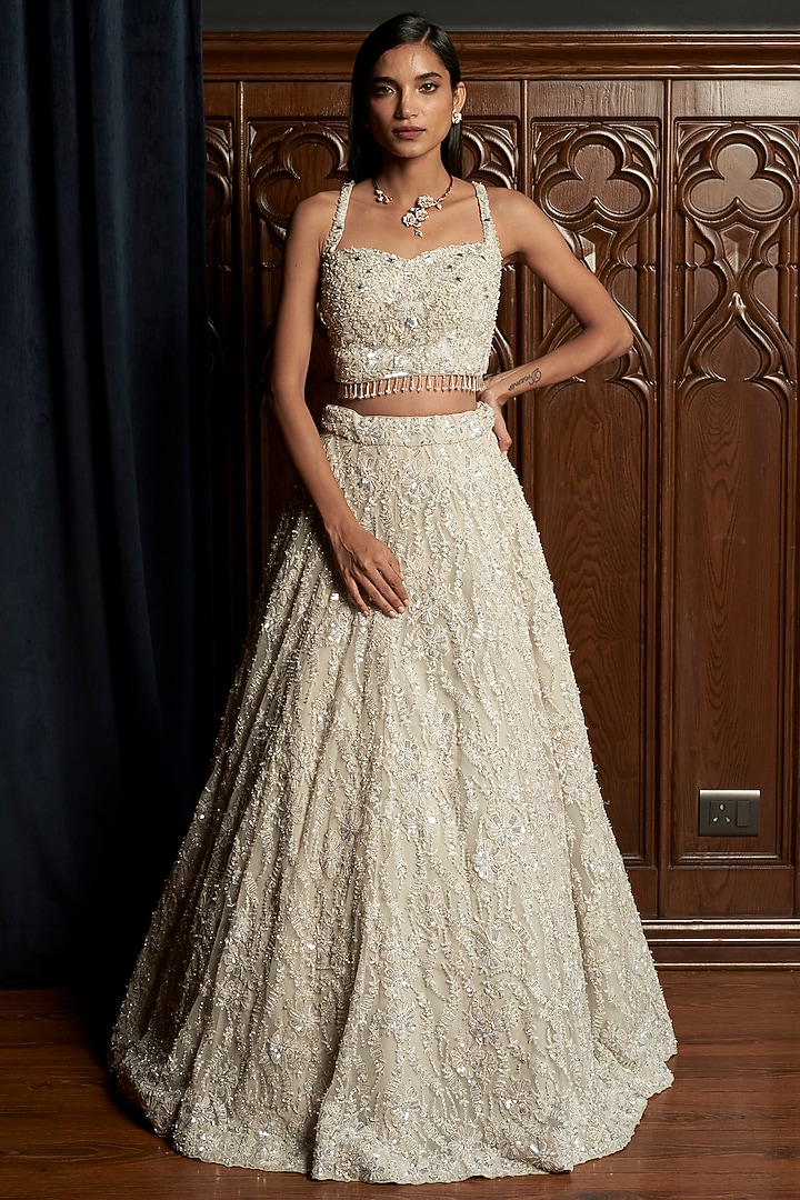 Grey Net Sequins Embroidered Bridal Lehenga Set by ISTYA at Pernia's Pop Up Shop