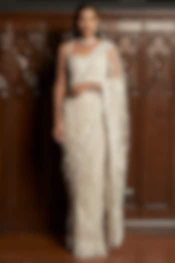 Grey Net Applique Embroidered Jacket Reception Saree Set by ISTYA at Pernia's Pop Up Shop