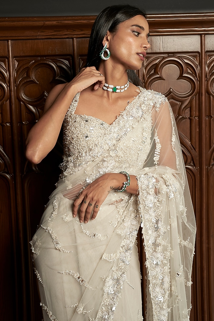 Grey Net Applique Embroidered Jacket Reception Saree Set by ISTYA at Pernia's Pop Up Shop