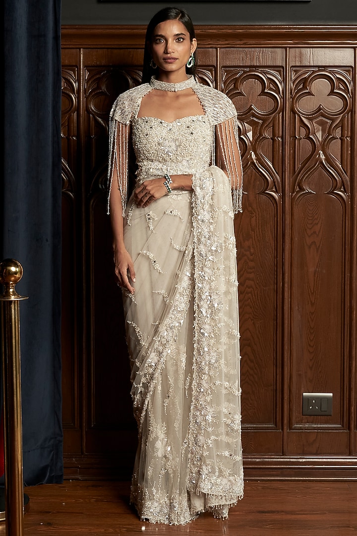Grey Net Applique Embroidered Jacket Reception Saree Set by ISTYA at Pernia's Pop Up Shop