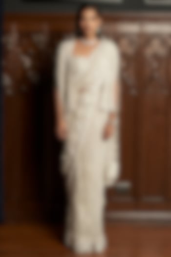 Grey Net Sequins Embroidered Jacket Reception Saree Set by ISTYA at Pernia's Pop Up Shop