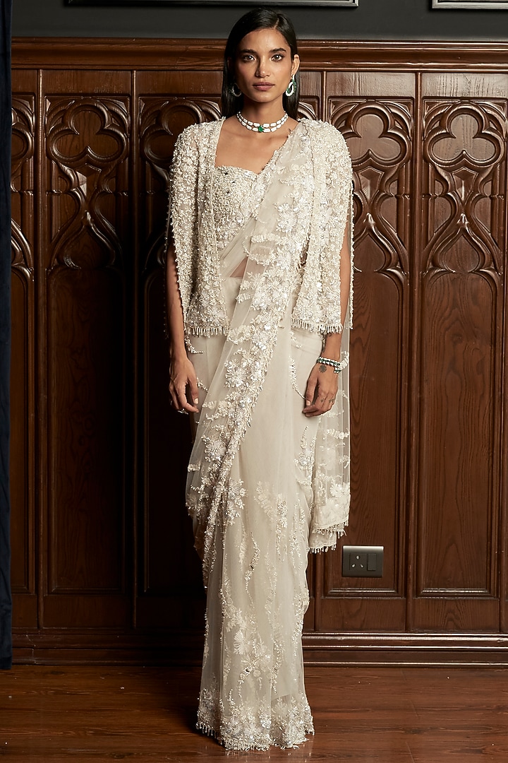 Grey Net Sequins Embroidered Jacket Reception Saree Set by ISTYA at Pernia's Pop Up Shop