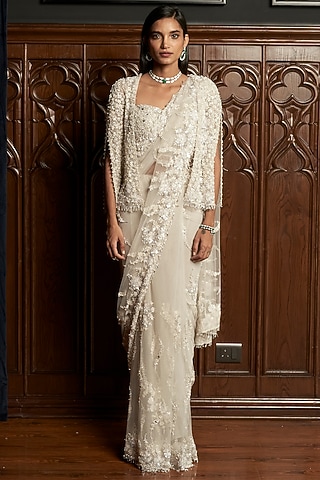 Grey Net Sequins Embroidered Jacket Saree Set by ISTYA