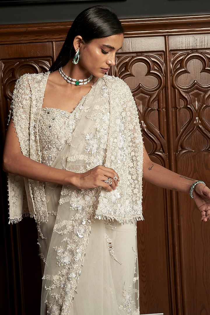 Grey Net Sequins Embroidered Jacket Reception Saree Set by ISTYA at Pernia's Pop Up Shop