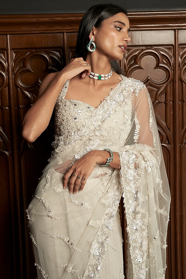 Grey Net Sequins Embroidered Jacket Reception Saree Set by ISTYA at Pernia's Pop Up Shop