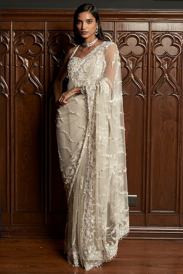 Grey Net Sequins Embroidered Jacket Reception Saree Set by ISTYA at Pernia's Pop Up Shop