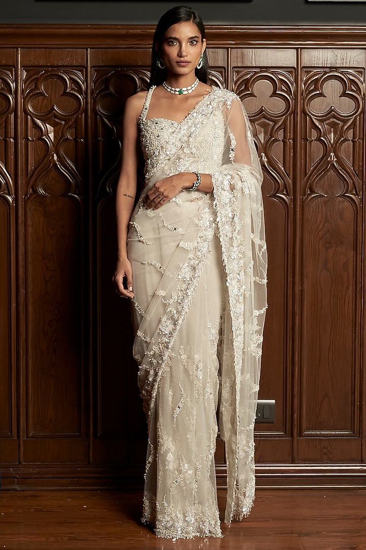 Grey Net Sequins Embroidered Jacket Reception Saree Set by ISTYA at Pernia's Pop Up Shop