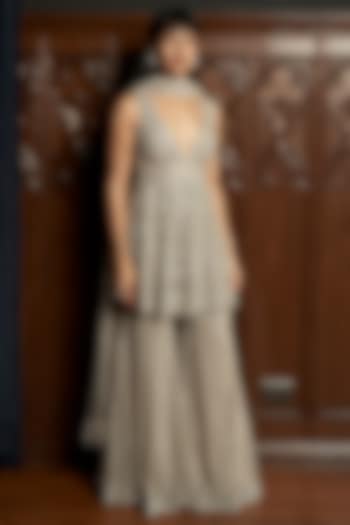 Grey Net Sequins Embroidered Bridal Sharara Set by ISTYA at Pernia's Pop Up Shop