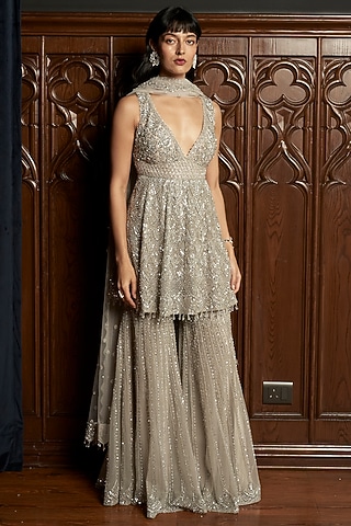 Grey Net Sequins Embroidered Sharara Set by ISTYA