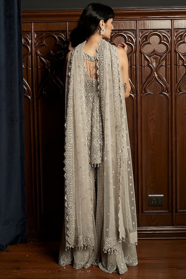 Grey Net Sequins Embroidered Bridal Sharara Set by ISTYA at Pernia's Pop Up Shop