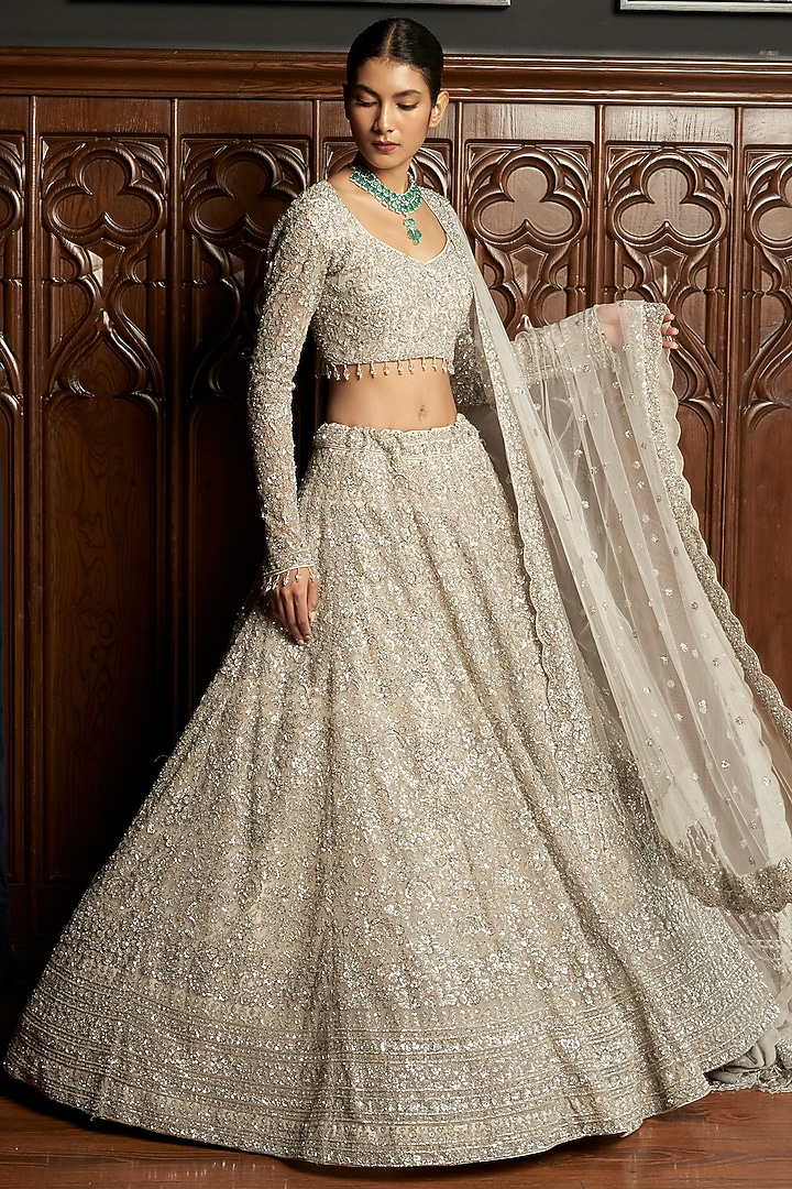 Grey Net Sequins Embroidered Bridal Lehenga Set by ISTYA at Pernia's Pop Up Shop