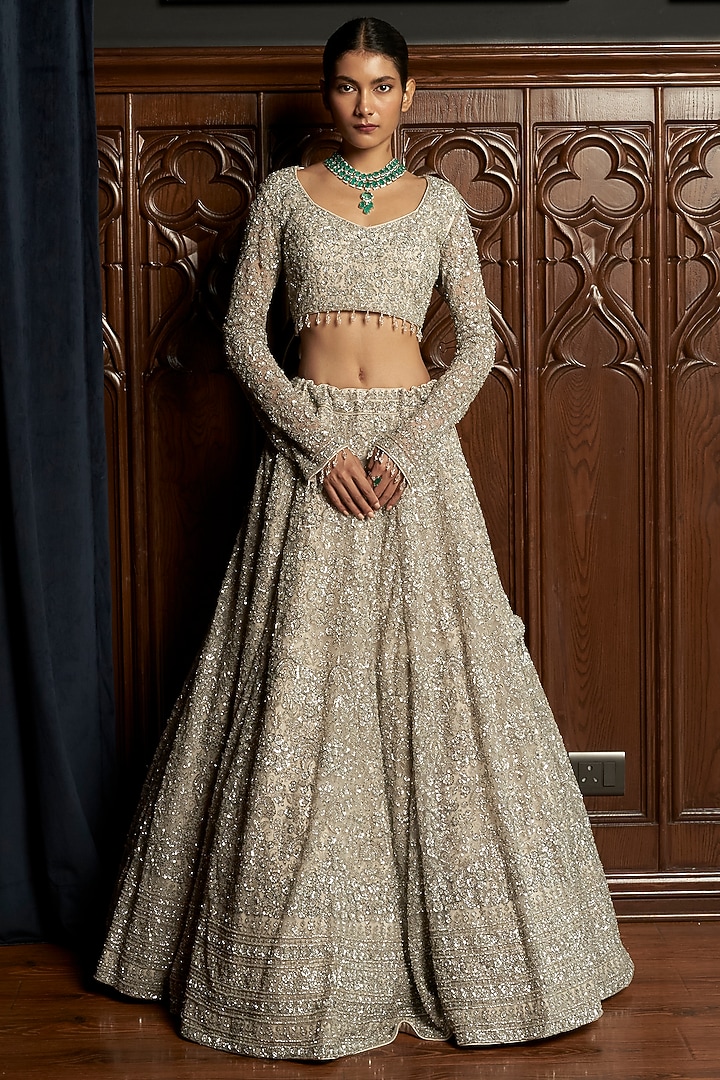 Grey Net Sequins Embroidered Bridal Lehenga Set by ISTYA at Pernia's Pop Up Shop