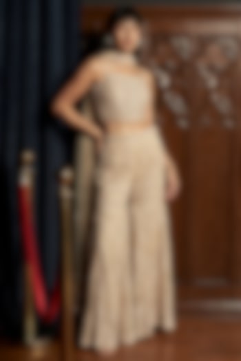 Beige Net Applique Work Pant Set by ISTYA at Pernia's Pop Up Shop