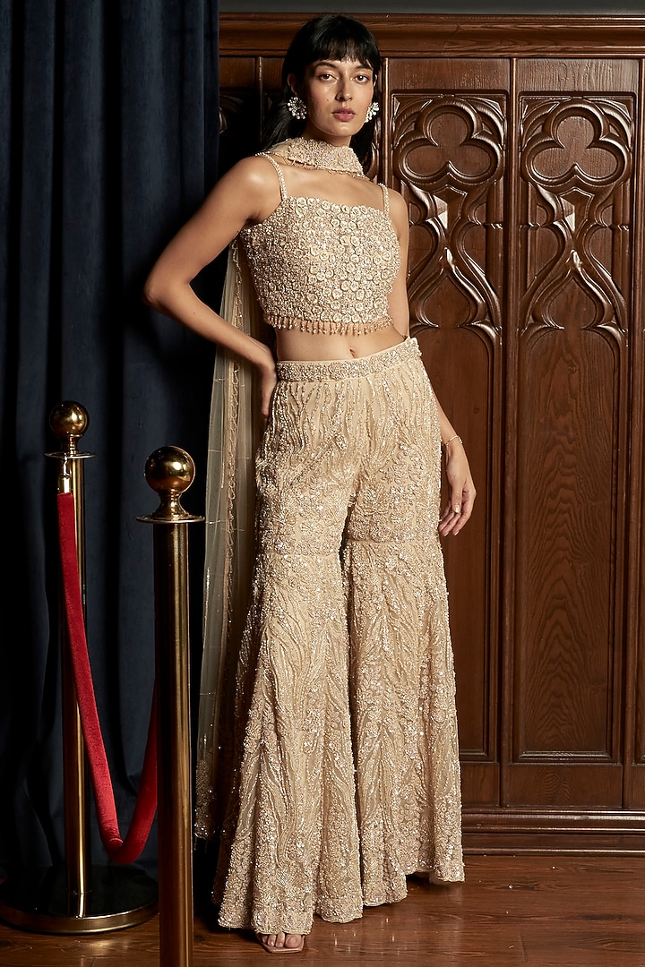 Beige Net Applique Work Pant Set by ISTYA at Pernia's Pop Up Shop