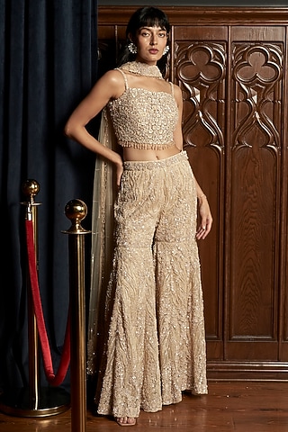 Beige Net Applique Work Pant Set by ISTYA