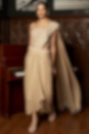 Beige Chinon Sequins Embroidered Draped Wedding Saree Set by ISTYA at Pernia's Pop Up Shop