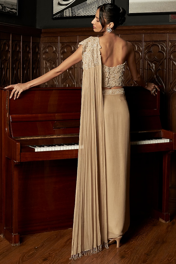 Beige Chinon Sequins Embroidered Draped Wedding Saree Set by ISTYA at Pernia's Pop Up Shop