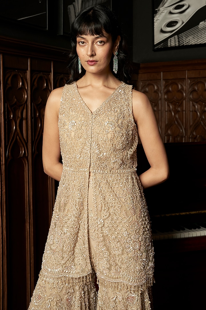 Beige Net Sequins Embroidered Bridal Sharara Set by ISTYA at Pernia's Pop Up Shop