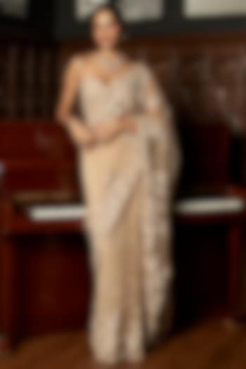 Beige Net Applique Work Reception Saree Set by ISTYA at Pernia's Pop Up Shop
