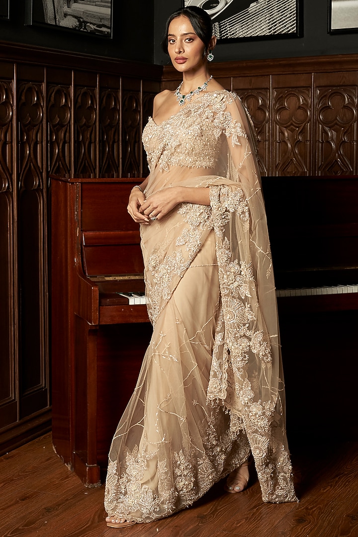 Beige Net Applique Work Reception Saree Set by ISTYA at Pernia's Pop Up Shop