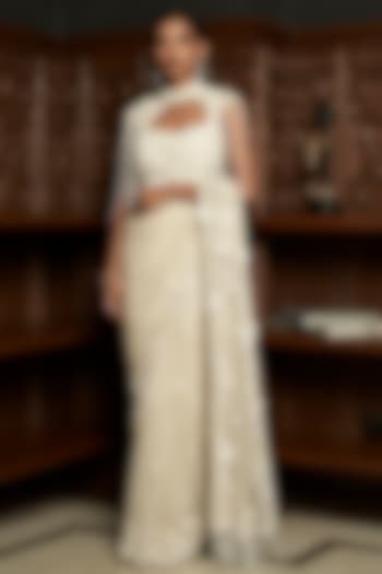 Ivory Net Applique Embroidered Jacket Reception Saree Set by ISTYA at Pernia's Pop Up Shop