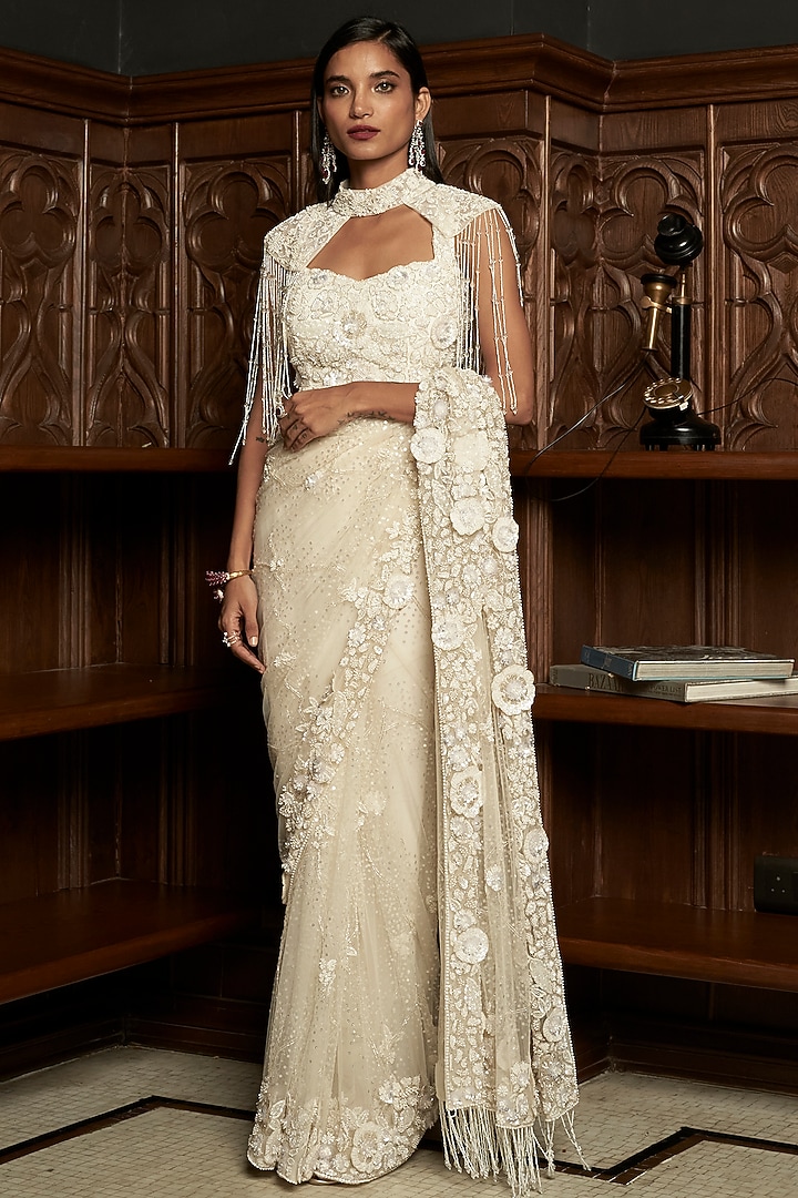 Ivory Net Applique Embroidered Jacket Reception Saree Set by ISTYA at Pernia's Pop Up Shop