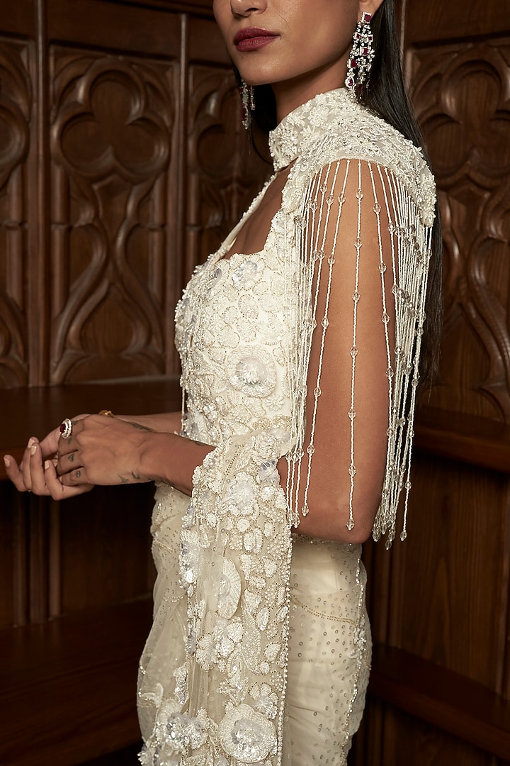 Ivory Net Applique Embroidered Jacket Reception Saree Set by ISTYA at Pernia's Pop Up Shop