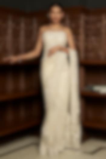 Ivory Net Sequins Embroidered Reception Saree Set by ISTYA at Pernia's Pop Up Shop
