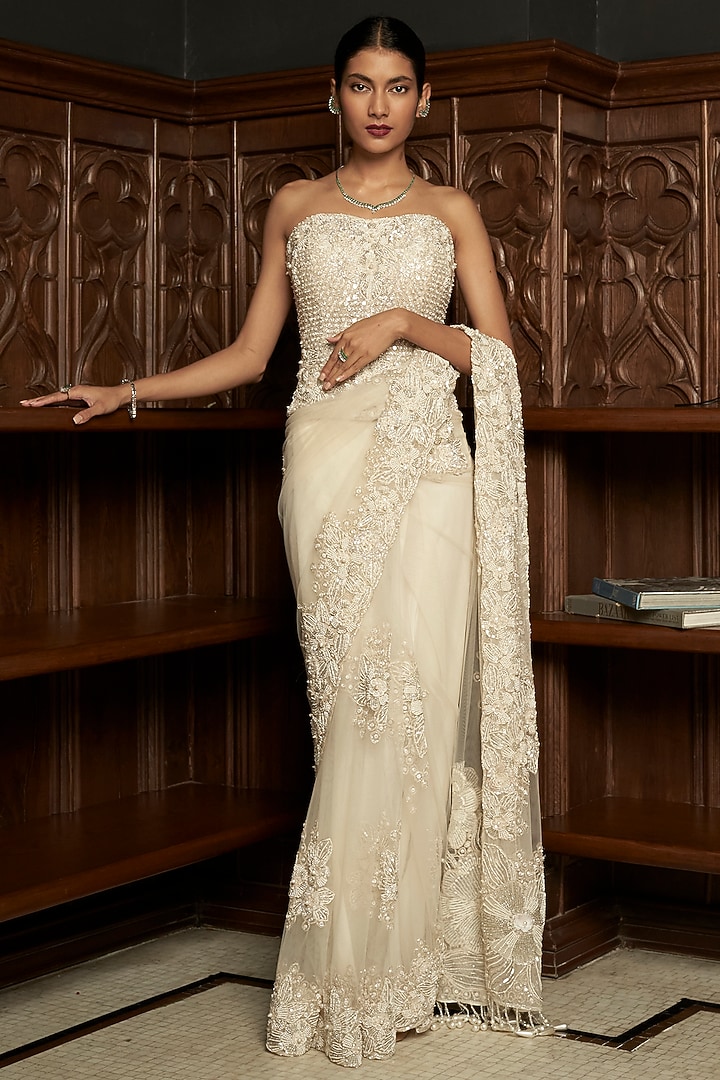 Ivory Net Sequins Embroidered Reception Saree Set by ISTYA at Pernia's Pop Up Shop