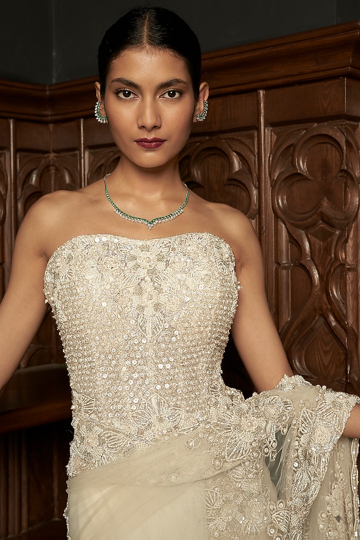 Ivory Net Sequins Embroidered Reception Saree Set by ISTYA at Pernia's Pop Up Shop